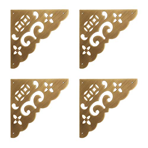Image of 4Pcs 4 inch /10.3cm Large Size Antique Brass Hollow Pattern Corner Protectors Vintage Hardware Desk Edge Wooden Jewelry Gift Box Cabinet Corner Guard