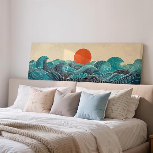 Toile vagues japonaises grand format 30x90cm pour decoration au-dessus du lit