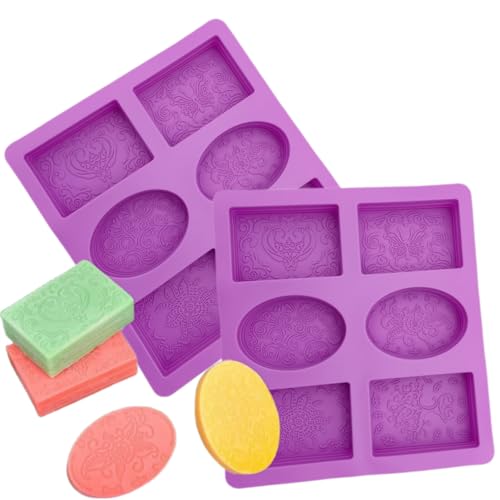 HTIAM 2 Pieces Embossing Flower Chocolate Moulds Soap DIY Mold Silicone Rectangle Oval Soap Molds Handmade Cake Candy Biscuit, Pudding Moulds Ice Cube Trays