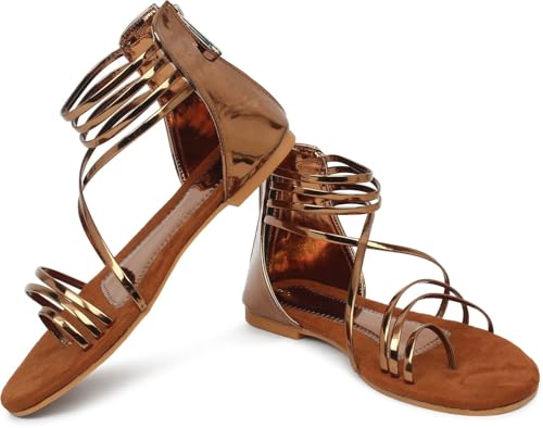 Image of Action Women's Bronze Gladiator Flat Sandals with Suede Sole & Multiple Straps