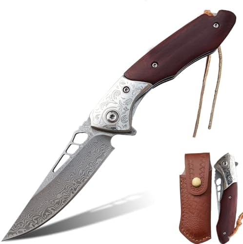 BFYLIN Damast Taschenmesser Klappmesser mit Gürtelclip, Scharf Einhandmesser mit Damaststahl
