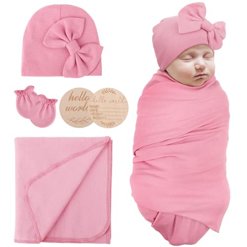 Image of AQOKKA Newborn Receiving Blanket with Bow Hat Mittens Wooden Card Set Newborns Toddler Baby Boy Girl Nursery Swaddle Wrap