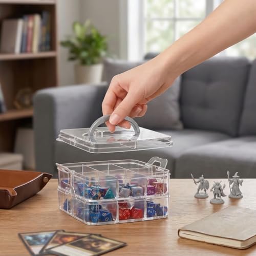 Image of PUGED DND Dice Storage Box with Removable Dividers Polyhedral Dice Plastic Organizer Holding Up To 900 Dices Craft Bead Compartment Container for Sewing, Jewelry, Art, DIY (2 layers) Box Only