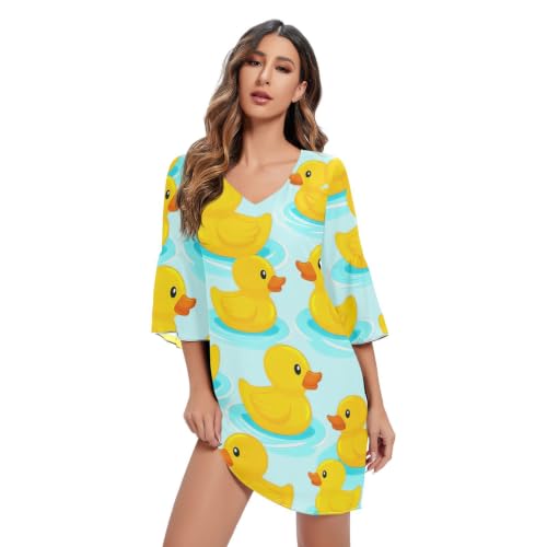 Robe en mousseline bleu femme avec motif canards jaunes chic et manches 3/4 fluides