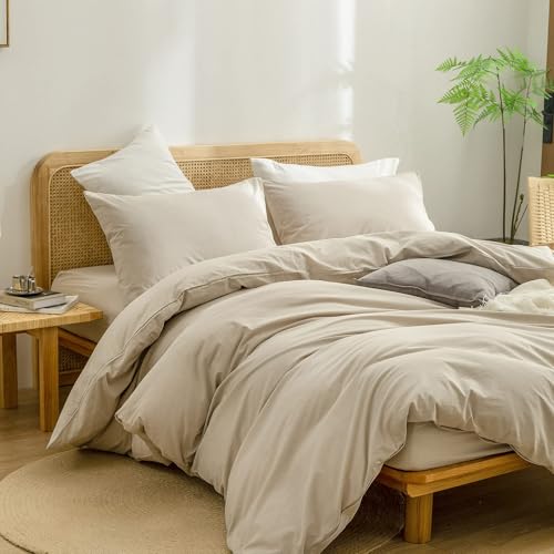 Image of BESTOUCH Cotton Solid Duvet Cover Set Almond Milk Grey Alaska King | 100% Washed Cotton, Soft Wrinkle Texture, Hidden Zipper, 8 Ties, Breathable Lightweight Durable Comfy, 3 Pcs No Insert