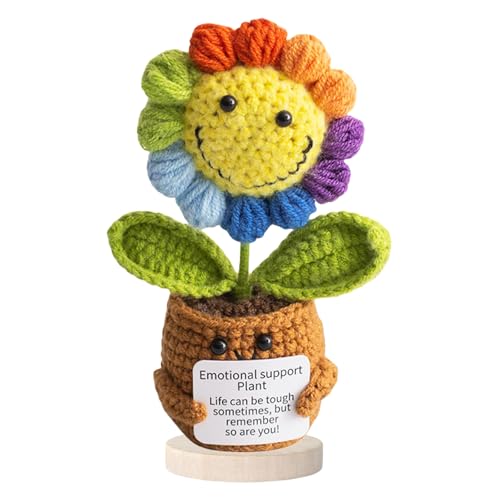 GmwyCzV Girasol Crochet Positivo, Regalo de Girasol, Lindo Adorno Girasols de Crochet con Tarjeta Ánimo Peluche de Apoyo Emocional Positivo Planta Punto Flor Artificial para Mujeres Hombres
