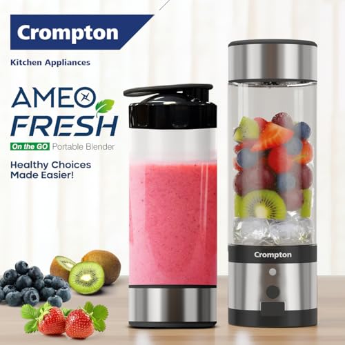 Image of Crompton Ameo Fresh Portable Blender | Smoothie & Juice maker | 126W Blender Mixer Grinder | USB-C Rechargeable | Compact & Travel Friendly | 1 Year Warranty | Smart safety lock | 400 ml | Sipper Cap