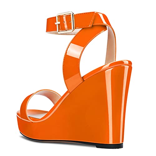 Image of Aachcol Women Platform Wedge Sandals Round Peep Open Toe Ankle Strap Slingback Two-Piece Chunky Block High Heel Dress Shoes Pumps Party Patent 4 Inch