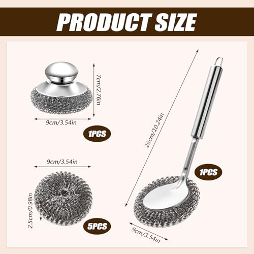 Image of Steel Wool Scrubber with Handle, Cast Iron Scrubber, Stainless Steel Scrubber, with 5 Refills and Long Handle Stainless Pot Brush, Remove Dirt, for Cleaning Stoves, Sinks, Dishes, Grills, Bowls