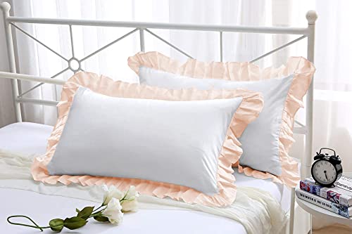 Image of YRM Bedding's Ruffle Beautiful Pillow Cover | Super Soft Elegant Premium Microfiber Frill Pillow Cover Set of 2 (17 inchx27 inch Inches) (White /Peach)