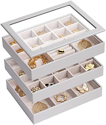 Vlando Medium Stackable Jewelry Tray, Faux Leather Jewelry Trays Storage Organizer Display Box Case Holder for Earrings Rings Necklace Christmas New Year Thanksgiving Gift Set of 4 Grey