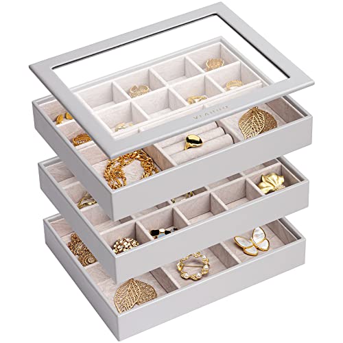 Vlando Medium Stackable Jewelry Tray, Faux Leather Jewelry Trays Storage Organizer Display Box Case Holder For Earrings Rings Necklace Christmas New Year Thanksgiving Gift Set Of 4 Grey #TOP4