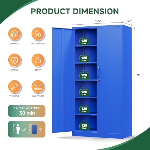 Image of Letaya Metal Garage Storage Cabinets with Lock Door and Adjustable Shelves, Steel Tool Cabinets for Home,Office,Warehouse Organisieren (Blue)
