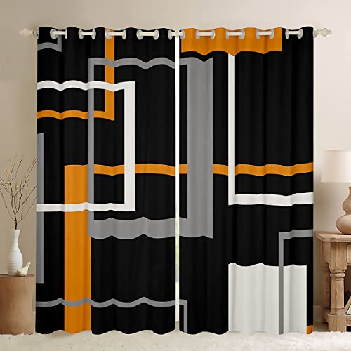Castle Fairy Square Lines Curtains For Boys Bedroom,Kids Orange Black Line Room Decor Curtain 42W X 84L Inches,Teens Modern Abstract Window Treatments Drapes With Grommets 2 Panels Set #TOP27