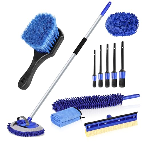 MAXVINI 63Car Wash Brush with Long Handle, 10PCS Car Cleaning Kit, Microfibre Mop with Mittens, Wheel Cleaning Brush, Window Squeegee, Car Detailing Brushes, Towels for Washing Cars Truck SUV RV