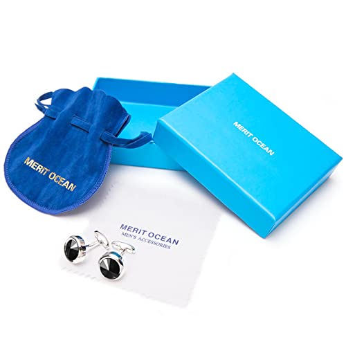 MERIT OCEAN Mens Elegant Style Cuff Link Super Shiny Swarovski Navy Blue Crystal Circular Cufflinks (Black) - Thumbnail 6