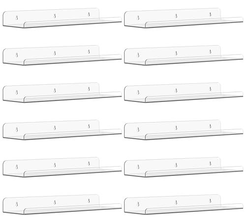 Image of Qukaka Floating Shelves for Wall Decor, 15 inch Extra Clear Wall Shelves for Bedroom, Living Room, Kitchen, Bathroom Decor, Nail Polish /Book /Decoration /Makeup /Perfume Organizer Floating Shelf-12Pack