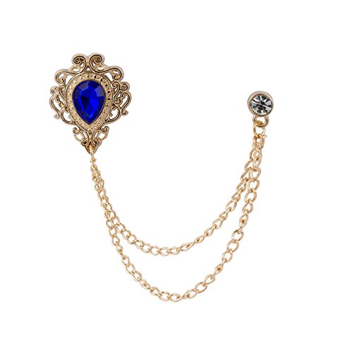 Knighthood Men's Royal Blue Stone with Gold Engraving and Swarovski Chain Brooch Golden