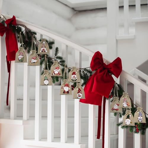 BETESSIN Geschenksäckchen Weihnachten - 12 Stück Weihnachtssäckchen Klein 13x18cm mit Wichtel Design - Adventskalender Säckchen zum Befüllen Stoff - Nikolaussäckchen Weihnachten