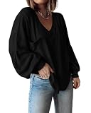 BTFBM Womens Fall Fashion 2025 Long Sleeve Shirts Casual V Neck Ribbed Knit Blouses Pullover Trendy Loose Fit Tunic Tops(Black, Large)