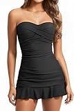 Holipick Women's Black Tummy Control One Piece Swim Dress Strapless Swimsuit Bandeau Skirted Bathing Suits S
