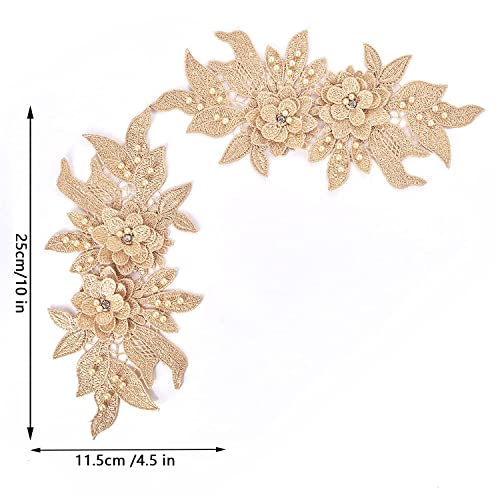 1 Pair 3D Lace Applique, Sew On Flower Bead Patches Embroidery Floral Motif Beaded Rhinestones Lace Trim Fabric Pearl Appliques For Sewing Wedding Bride Dress Veil Clothes Decoration (Silver) #TOP1