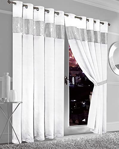 Olivia Rocco Diamante Dim Out Eyelet Curtains With Tie Backs Black Out 50% Thermal Ring Top Curtain Pair Window Dressing, 66" (Width) x 72" (Drop) White
