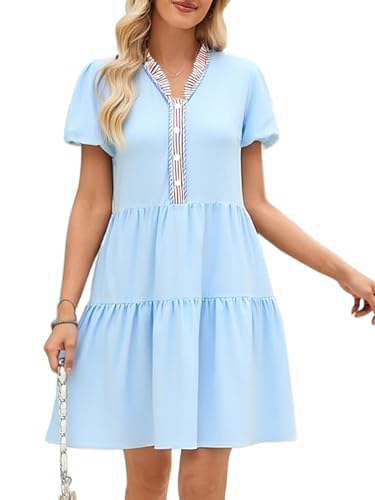 CCTOO Womens Casual Summer Dresses V Neck Button Short Sleeve Casual A Line Flowy Swing Holiday Mini Dress Light Blue-V M
