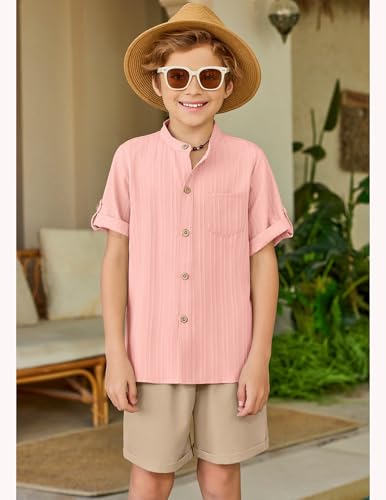 Image of Arshiner Boy's 2 Piece Beach Outfit Short Sleeve Textured Button Down Shirt and Short Sets Summer Vacation Wear 4-12 Years