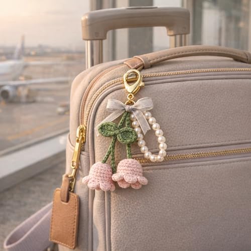 Image of Handmade Crochet Cherry Keychain for Girls & Women, Cute Pink Fruit Key Ring, Knitted Bag Charm for Purse, Backpack & Car Keys, Soft Yarn Handmade Gift, Aesthetic Accessory