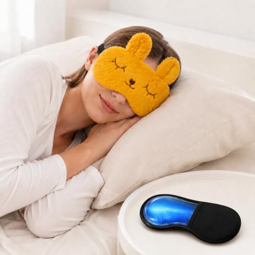 Image of Jenna Bunny Plush Eye Mask with Cooling Gel Pad | Soft Light-Blocking Blindfold with Comfortable Elastic Strap for Women and Girls, Ideal for Bedtime, Travel, Flights (Yellow)