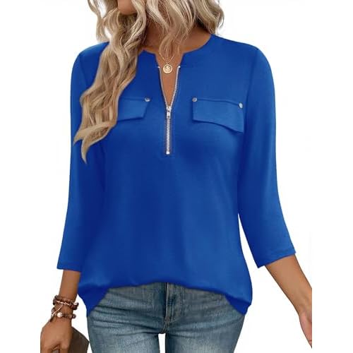 LOMON 3/4 Length Sleeve Womens Tops Business Casual Zip Front V Neck Shirt Loose Fit Work Tunic Blouse
