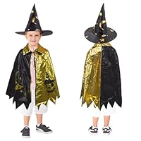 ALLY-MAGIC Kids Halloween Wizard Cloak, Wizard Cape with Hat, Halloween Costume Fancy Dress, Halloween Witch Costume Cloak and Hats Role Play Outfits for Boys Girls Halloween Cosplay Party Y9HJMFSPF