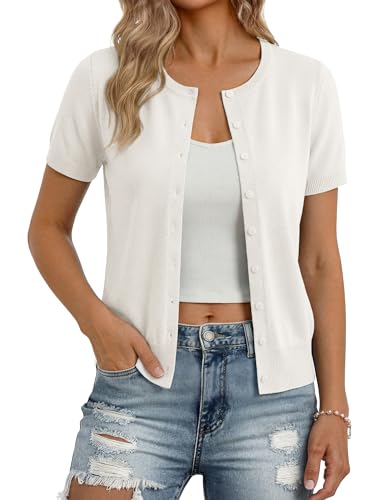 Image of GRACE KARIN Women Short Sleeve Cardigan, 2026 Summer Knitted Sweater Tops, Basic Crew Neck Crop Outfits