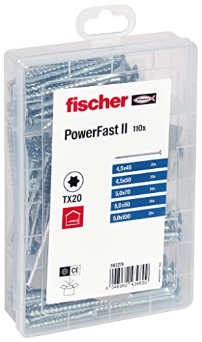 fischer Meister-Box PowerFast II Spanplattenschraube, vorsortierte Sortimentsbox mit 110 blauverzinkten Schrauben, Senkkopf, TX-Antrieb und Teilgewinde, universelles Set zur Befestigung