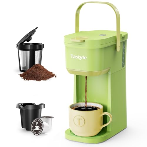 Image of Tastyle Single Serve One Cup Coffee Maker, for K Cups and Grounds, Mini Coffee Maker with Portable Handle, 6 to 12 Oz Brew Size, for Travel, Camping, Office, RV and Dorm, 120V, Lime Green