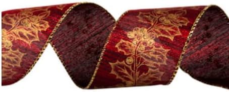 Metallic Red and Gold Holly Wired Edge Ribbon - 2 1/2 Christmas Craft Project Supplies 10 Yards