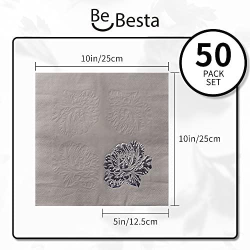 Bebesta 50 Pack Of Paper Cocktail Napkins With Foil Floral,Add Sparkle To Your Event With Party Napkins - Disposable Wedding Napkins Or Dessert Napkins(5 X 5 In，3-Ply) (Silver) #TOP2