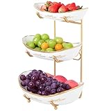 DUJUST 3 Tier Fruit Bowl, Luxury Ceramic Fruit Stand with Gold Scrollwork, Stackable & Easy to Store, Multifunctional Serving Tray for Fruit/Vegetables/Snacks - White Gold