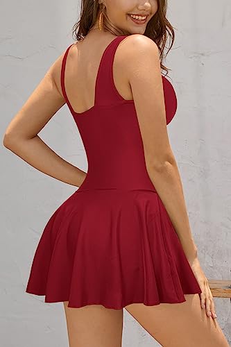 SHEKINI Women's V Neck One Piece Skirt Swimsuit Ruched Retro Swimdress Bathing Suit (Small, Wine Red)