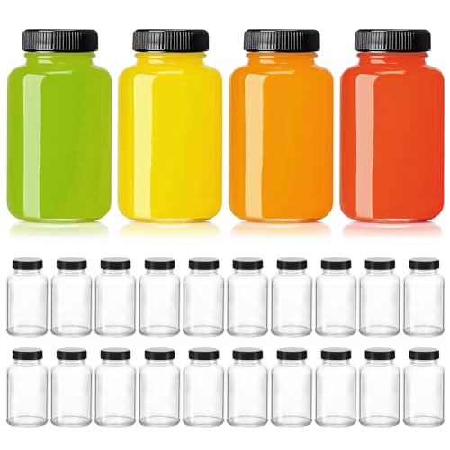 KEYWING 24 Pack 4oz Juice Shot Bottles with Caps- Small Glass Jars for Ginger，Wellness Shots,Whiskey - Travel mini Reusable Wide Mouth Clear bottles- Leakproof, Dishwasher Safe.