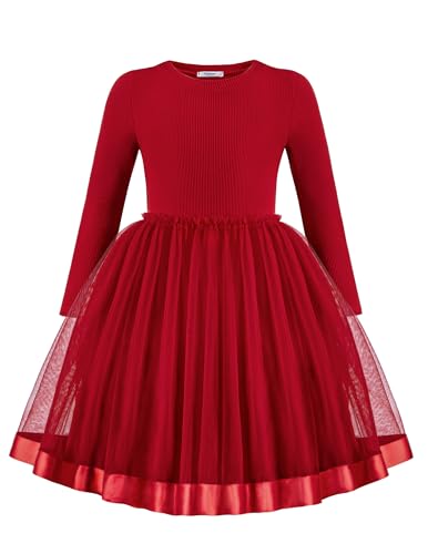 Arshiner Fille Pull Robe Tulle Enfants Fête Automne Hiver Col Rond A-Ligne Loisirs Manches Longues Robe pour Filles 6-7 Ans Rouge