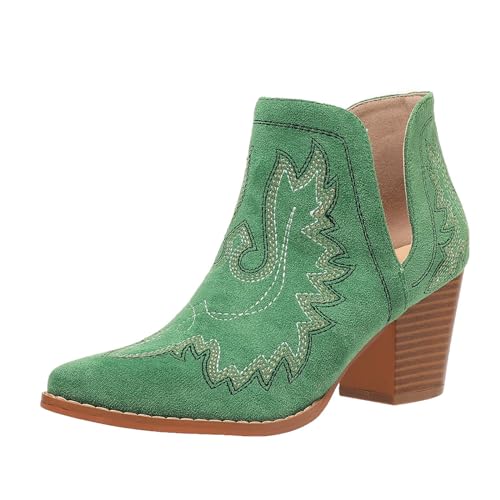 Image of SelRoys Cowboy Boots for Women Cowgirl Ankle Western Embroidered Stitched Pointed Toe Cutout Chunky Heels Short Booties Red Brown Black US5-11
