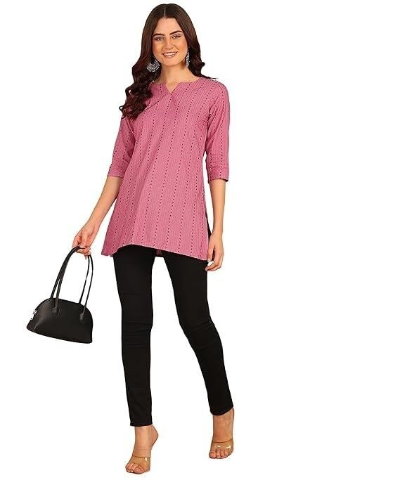Image of Women's Short Kurti in Multicolor Rayon Cotton Blend | Ladies Ethnic Tunic | Office
