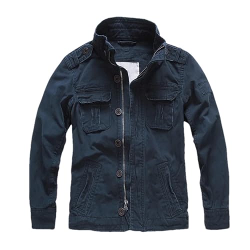 Generic Spring Denim Jacket For Men Retro Camo Multi-Pockets Mens Cowboy Jackets Fashion Cargo Jeans Coats, Small, Navy