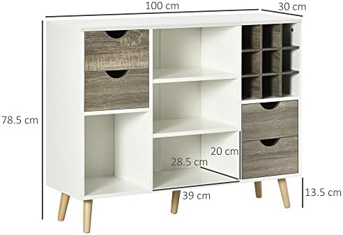 HOMCOM Modern Kitchen Sideboard Storage Cabinet with Removable Wine Rack, Drawers and Open Compartments for Living Room, Grey