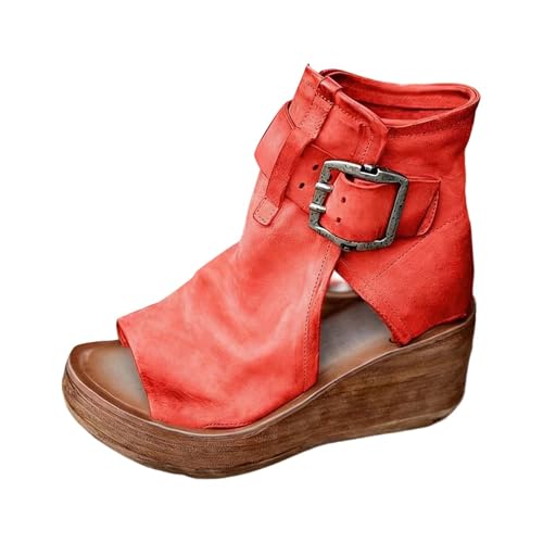 Sandales Compensées Femme, Sandales Bottines Bout Ouvert, Empeigne Montante avec Découpes Latérales et Boucle Décorative, Plateforme Épaisse, Talon Compensé Style Romain | Sortie, Ville, Printemps Été