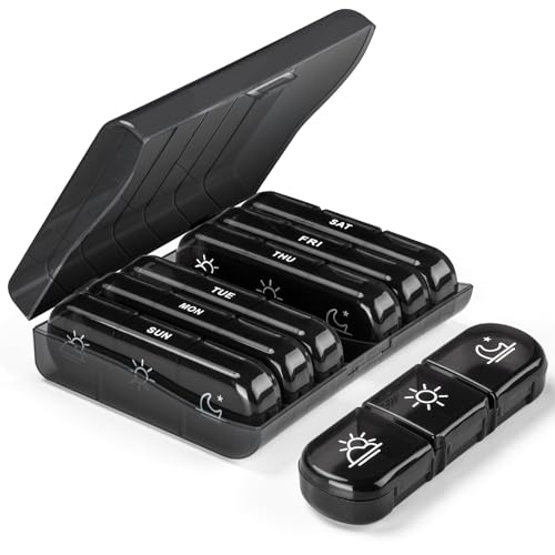 Pilulier 7 jours, matin, midi, soir, petit compartiment, à 3 compartiments, boîte à pilules hebdomadaire, boîte à médicaments portable, sans BPA, noire