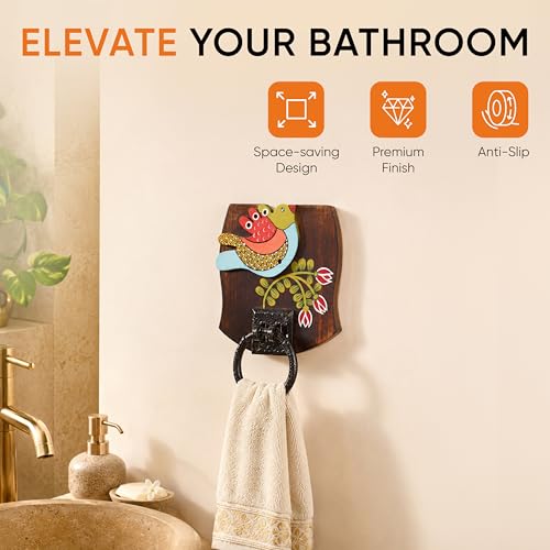 Image of Aakriti Art Creations Floral Art Wooden & Metal Towel Holder | Maina Bath Handcrafted | Matte Finish Multicolor Wall Mounted Holder for Bath & Wash Area