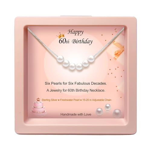 60th Birthday Gifts for Women Sterling Silver Pearl Necklace with Six Pearl Beads for 6 Decades as Cool Gifts Ideas for 60 Year Old Woman,Handmade 60th Birthday Necklace for Mom Grandma